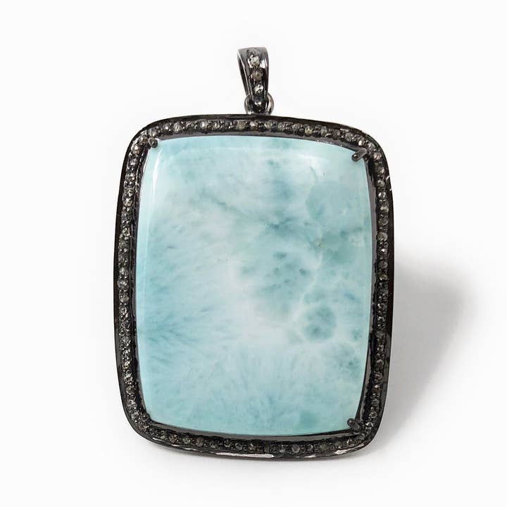Larimar Pendant, Gemstone Pendant, Silver Pendant, Natural Larimar, Diamond Pendant, Pave Diamond Pendant, Sterling Silver Pendant, 54x36mm for wholesale by Akstar Gems