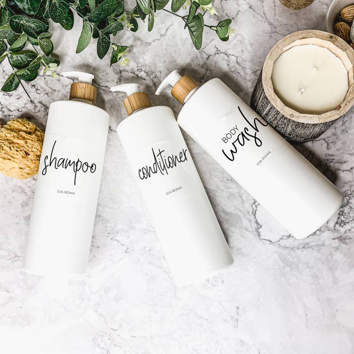 32oz White Reusable Shower Dispenser Bottle, Refill Soap Set for wholesale by Gia Roma