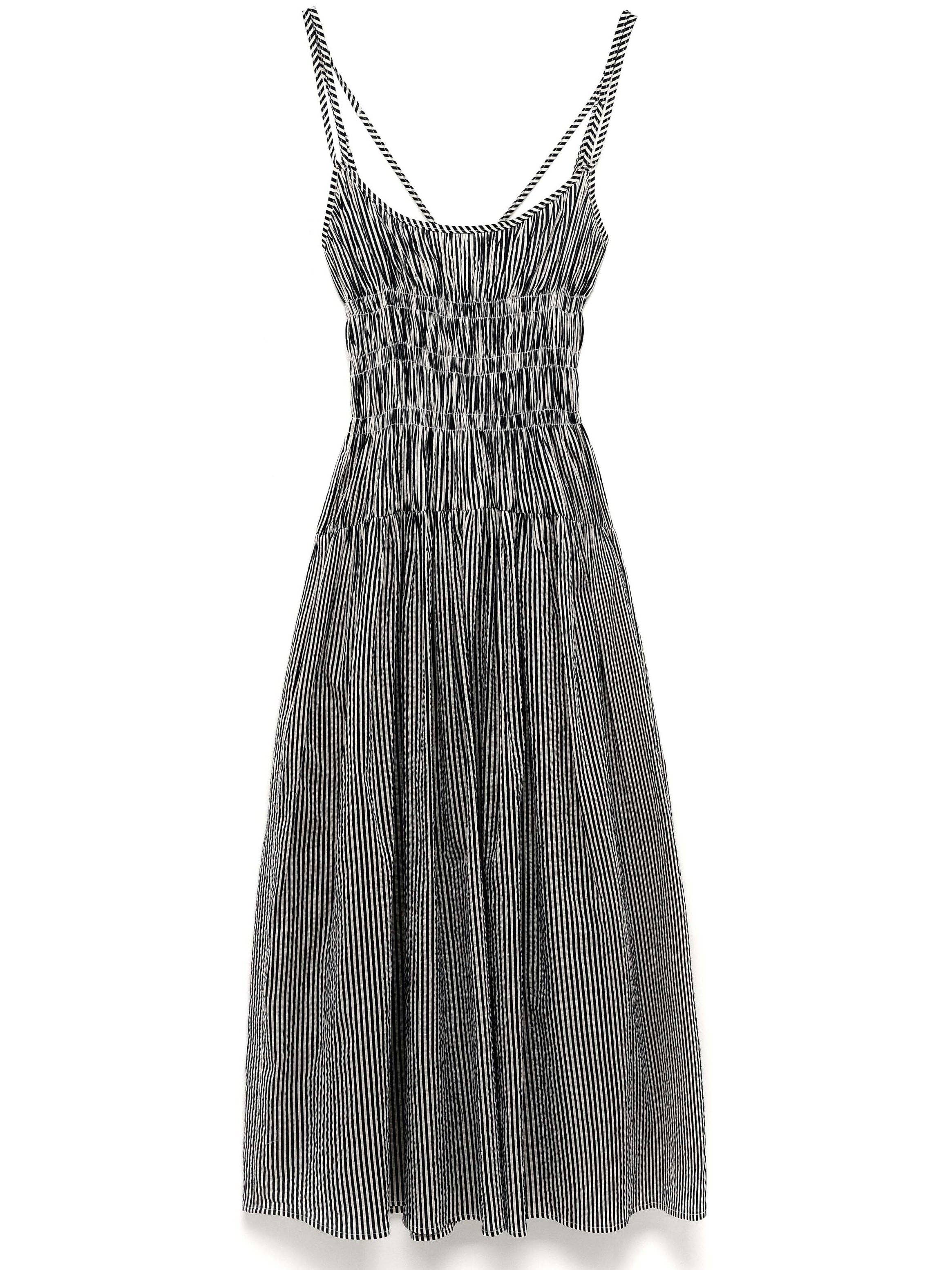 SVART Randig smockad volangmidiklänning för wholesale på Faire4