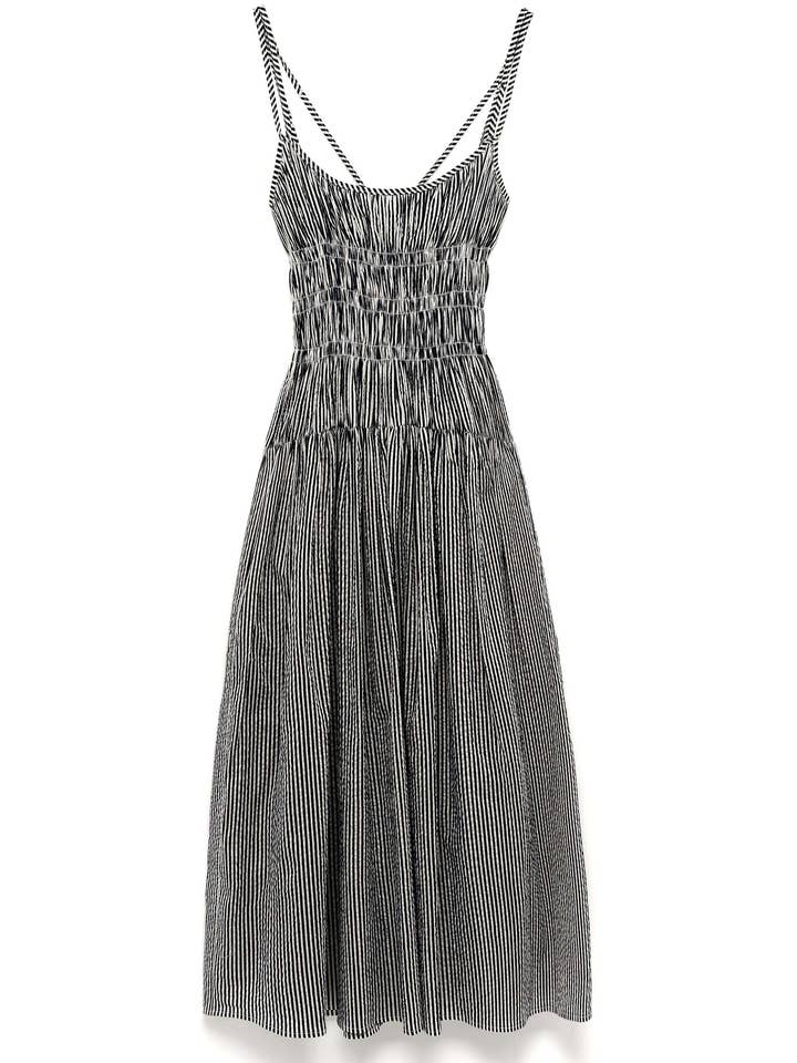 SVART Randig smockad volangmidiklänning för wholesale på Faire4