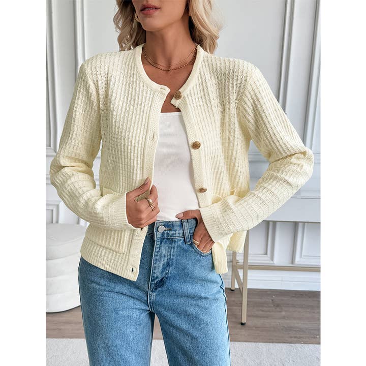 Apricot Cropped Solid Color Metal Buttons Cardigan Sweater BFZY1717 for wholesale on Faire0