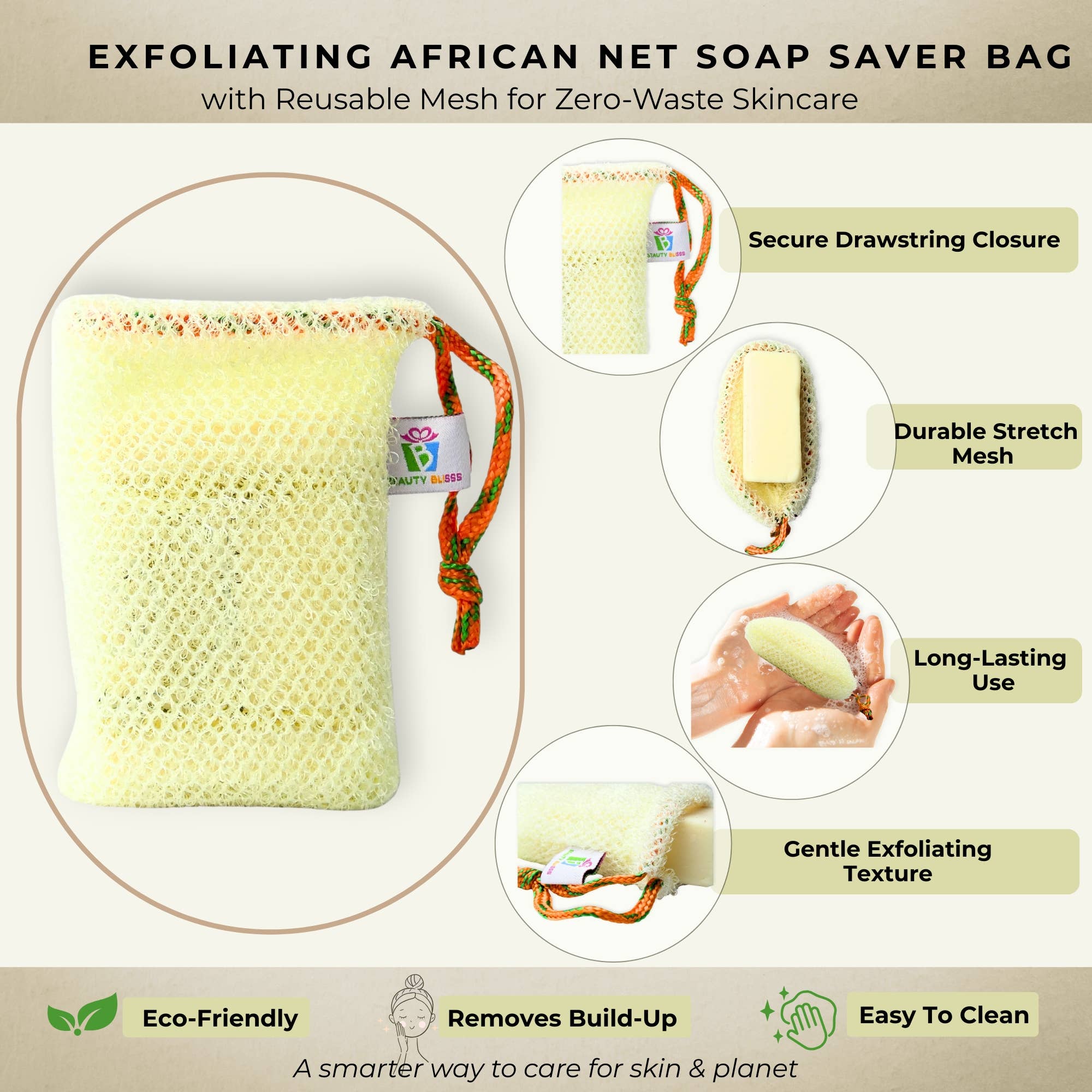 Beauty Blisss - Wholesale Soap Pouch/Sack/Bag - African Net Soap Saver Bag – Single & 3-Pack (Random Colors)1