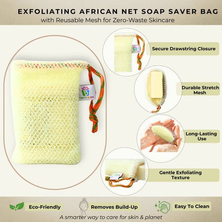 Beauty Blisss - Wholesale Soap Pouch/Sack/Bag - African Net Soap Saver Bag – Single & 3-Pack (Random Colors)1
