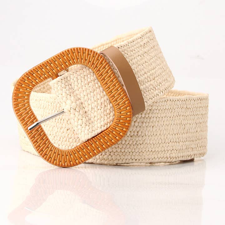 UNISHE - Wholesale Belt - Women's - Bohemian Faux Straw Round Buckle Elastic Woven Belt ZK32185