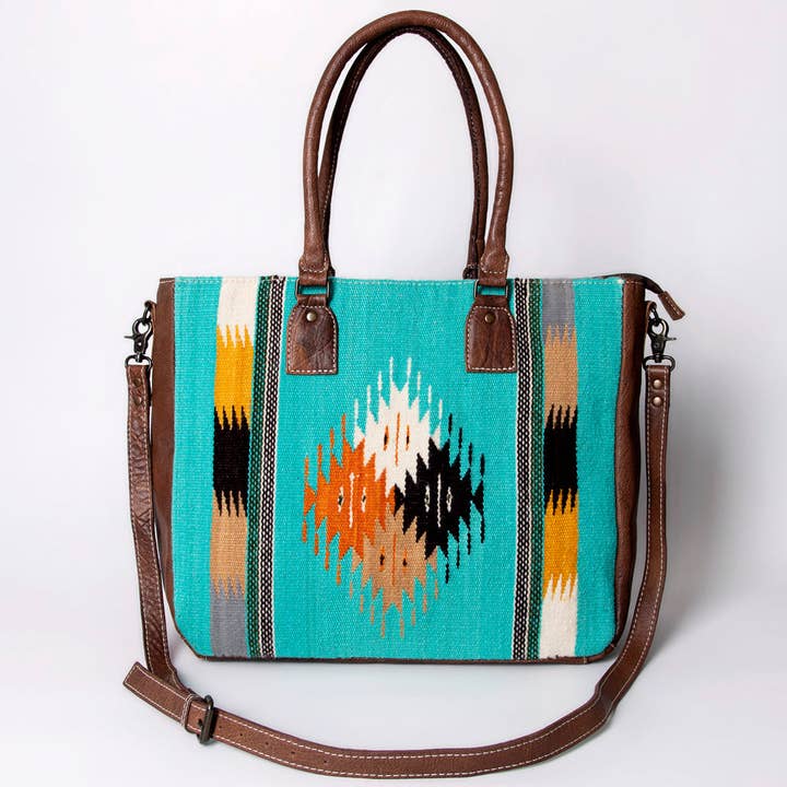 LS Western - Wholesale Tote Bag - Women's - ADBG1005 American Darling Handwoven Saddle Blanket Tote Bag Genuine Leather Trim9