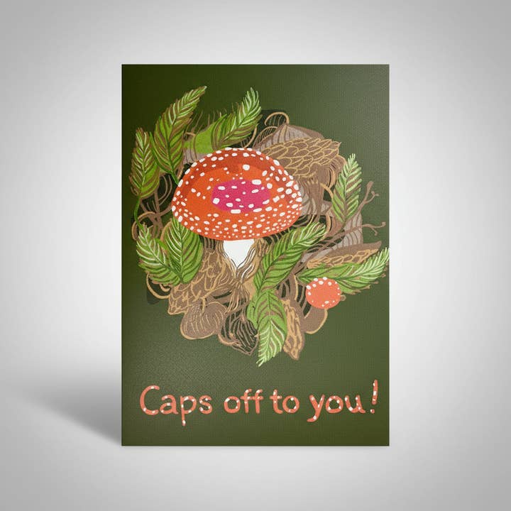 “Caps Off to You” Graduation Card- Forest & Amanita Mushroom for wholesale by Ferry Kiss Studio