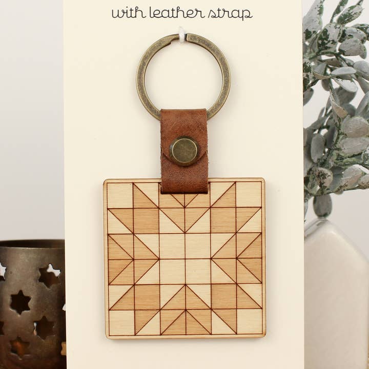 Wood Keychain | Quilt Block 1 | Sewing Gift for wholesale by oh, little wren