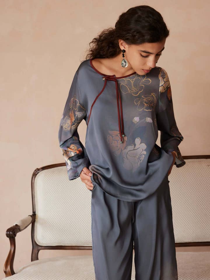 Gris Ensemble de Pyjama Vintage Asiatique à Motif Floral de Pivoine 2 Pièces en vente sur Faire