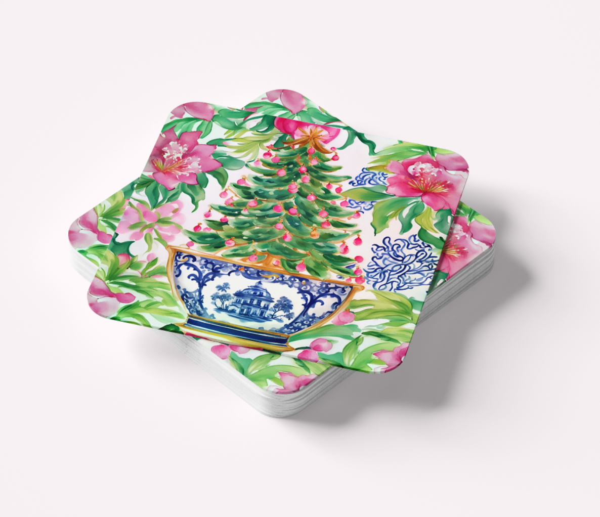 Design Carolinas - Wholesale Disposable Coasters - Pink & Green Chinoiserie Christmas Tree Holiday Coaster Set1