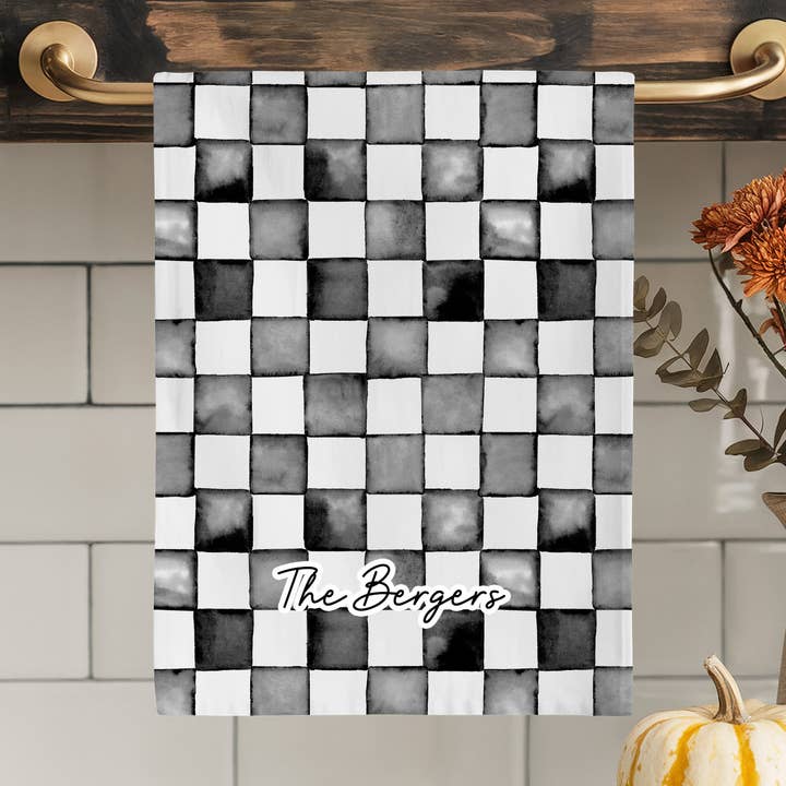 Water Color Personalized Family Name Check Print Tea Towel for wholesale by Girls Love A Monogram