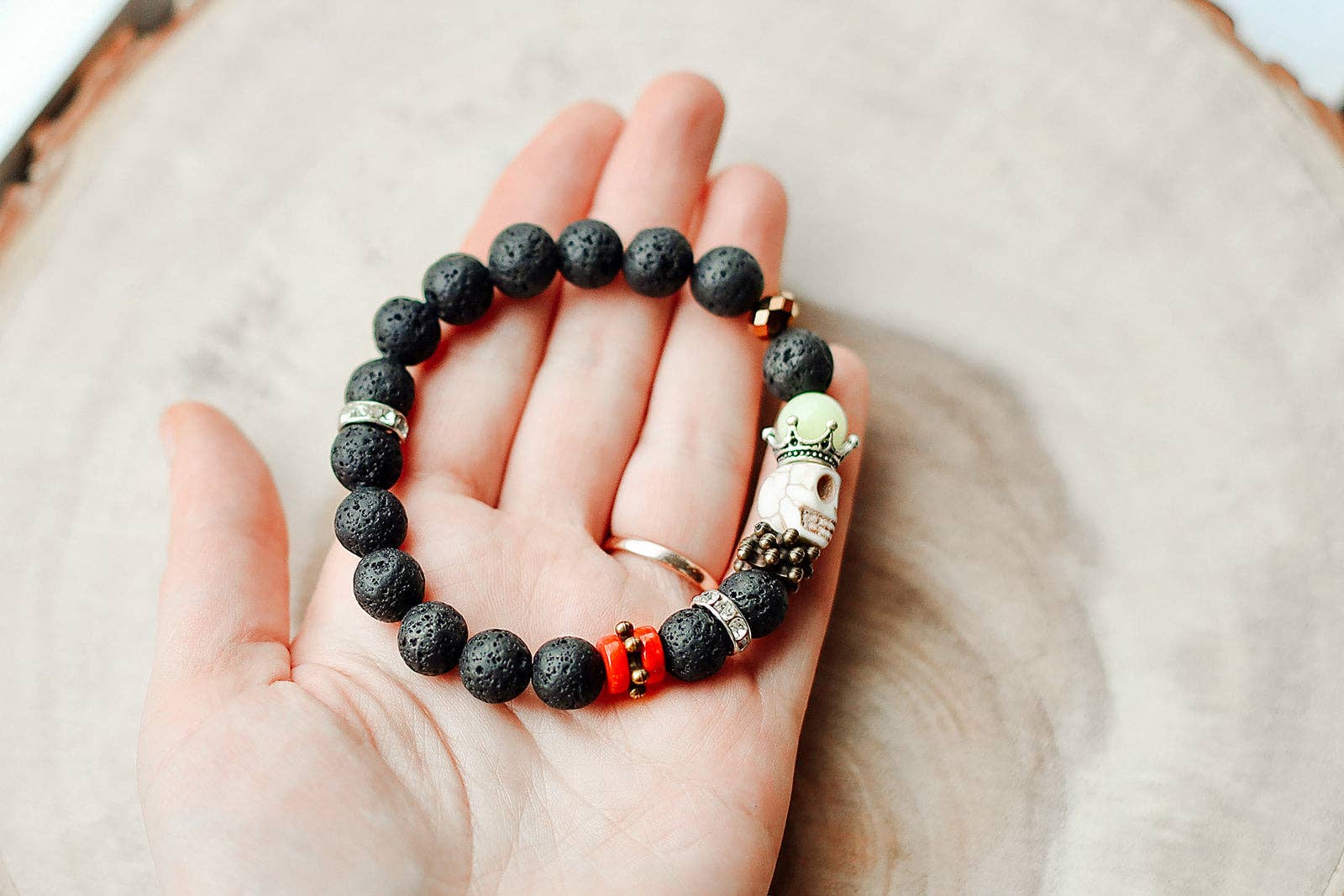 CRETE TRADING INC - Wholesale Beaded Bracelet - Black Lava Rock Crystal Bead Bracelet Skull 10mm