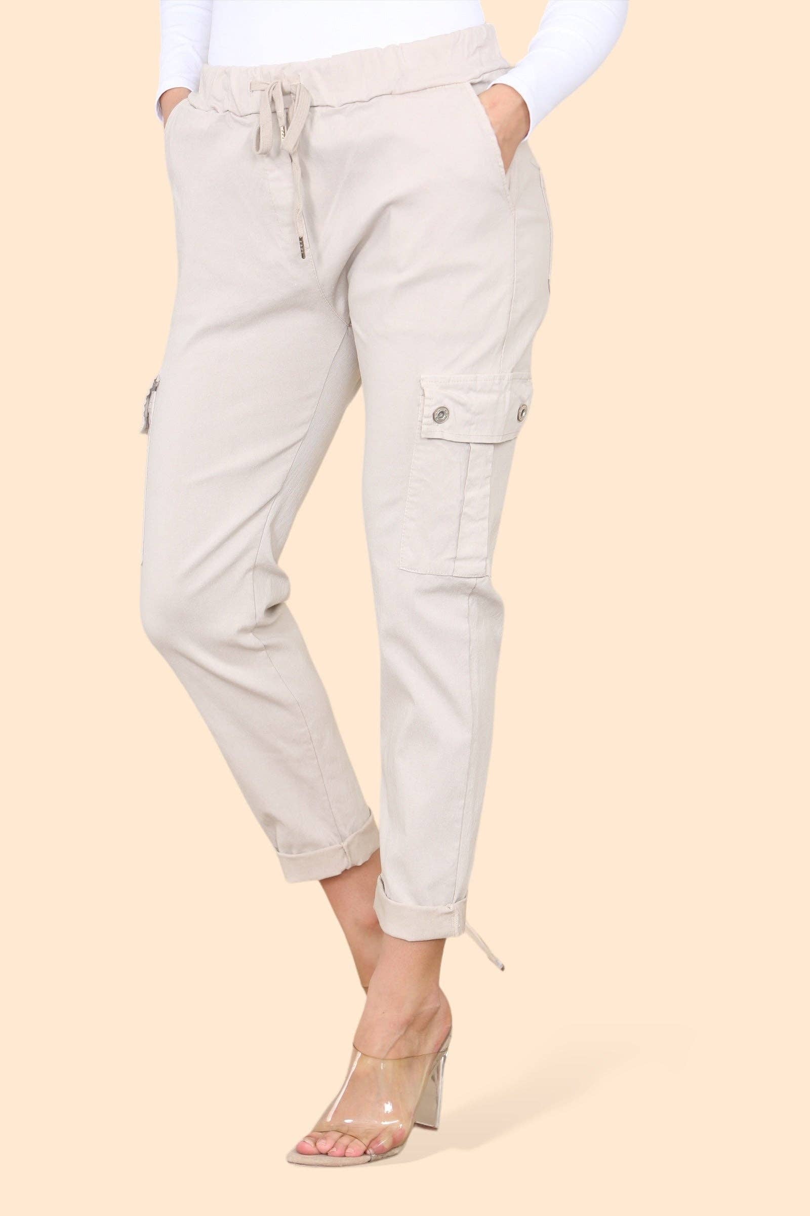 Kurt Muller – wholesale Pants – Women's – Plain Cargo Stud Pocket Bi-Stretch Magic Trousers45
