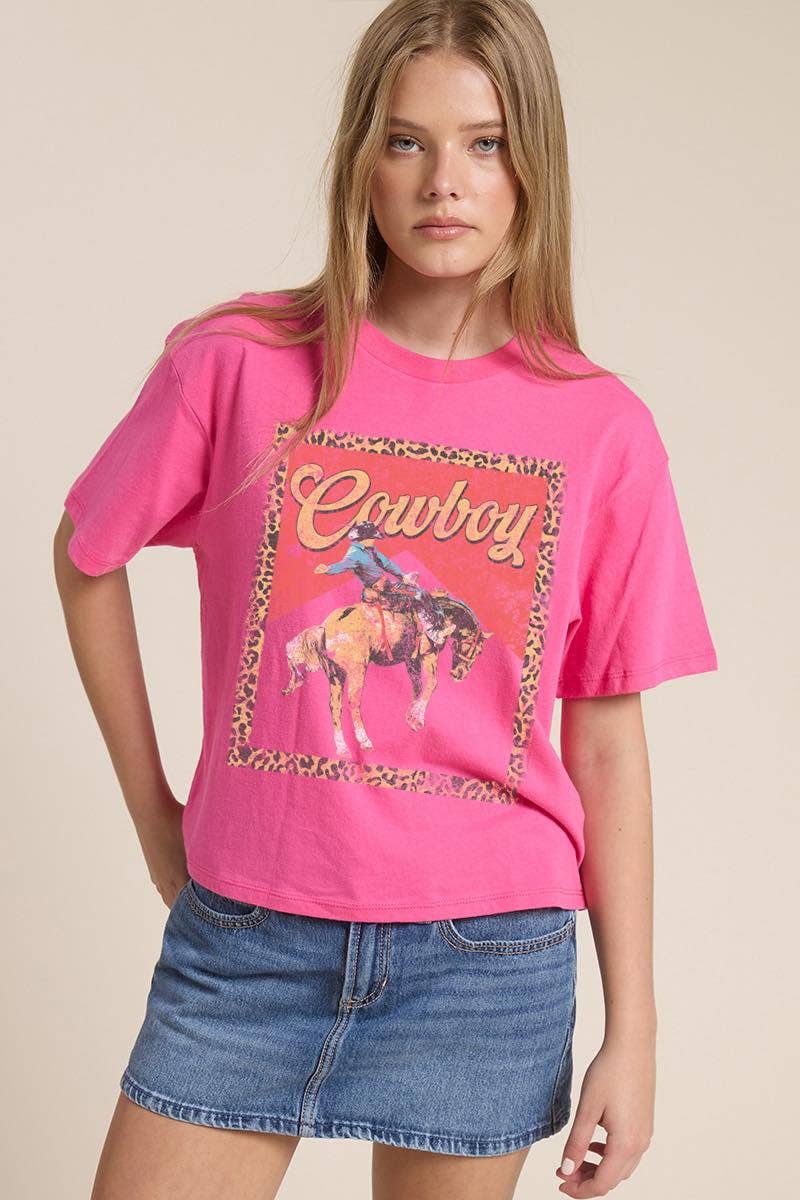 Zutter - Wholesale Screen Printed T-Shirt - Women's - Cowboy Leopard Frame Graphic Premium Cotton Faux Crop Tee1