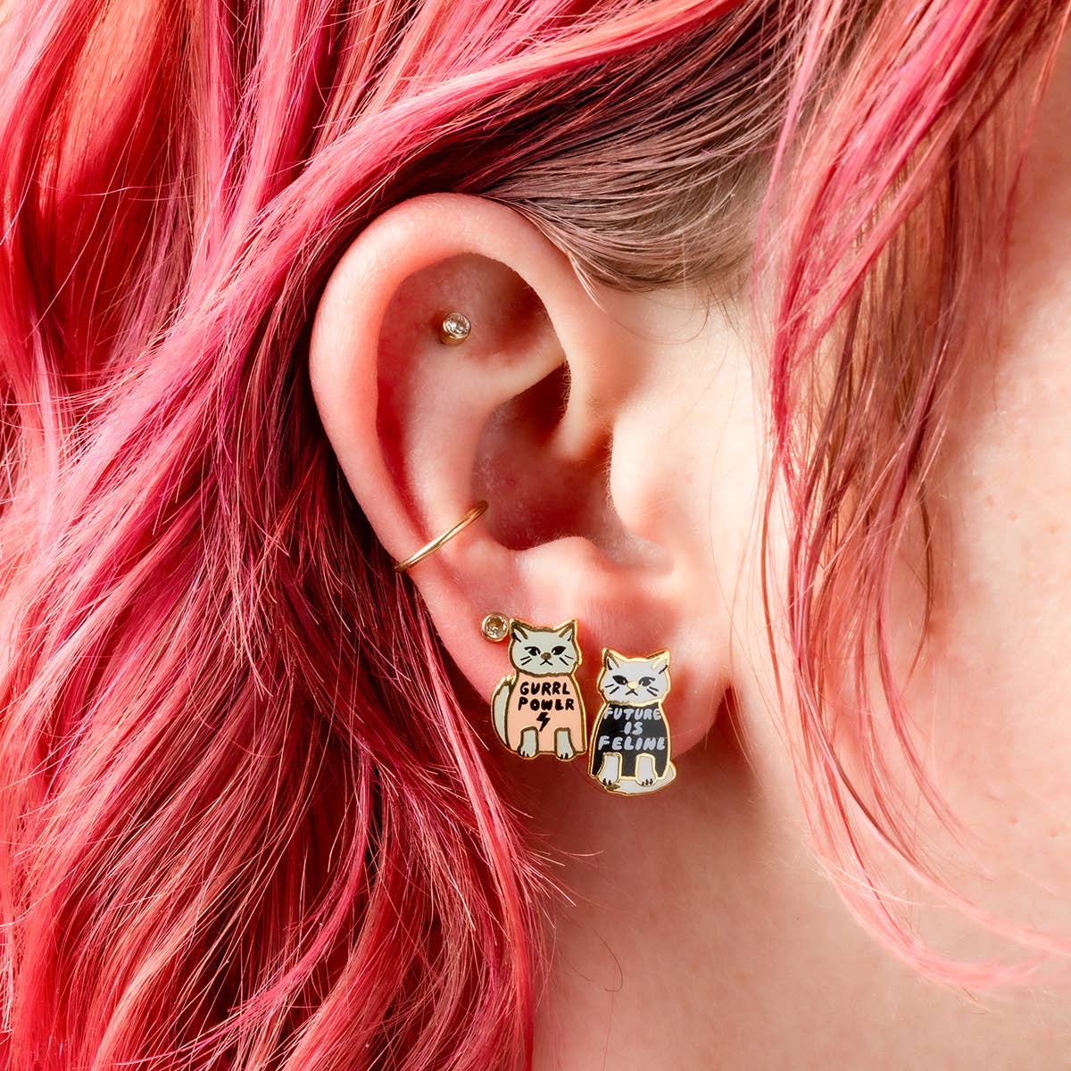 Yellow Owl Workshop - Wholesale Stud/Post Earrings - Girl Power Earrings - Gold Cat Statement Studs2