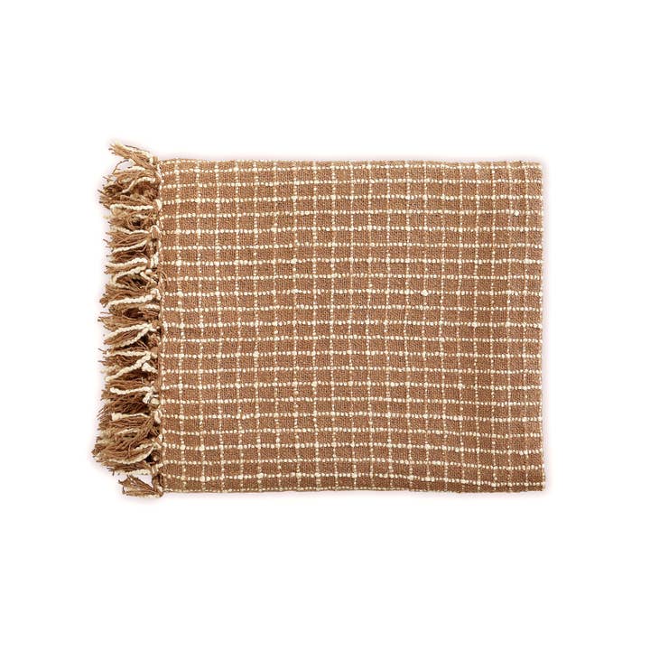 Casa Amarosa – wholesale Throw blanket – Cotton Boucle Small Checkered Throw Blanket Latte Ivory