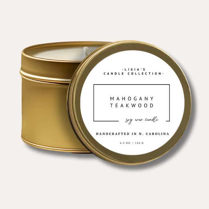 Mahogany Teakwood Luxury Soy Candle - Gold Travel Tin 4 oz. for wholesale by LIGIA'S CANDLE COLLECTION