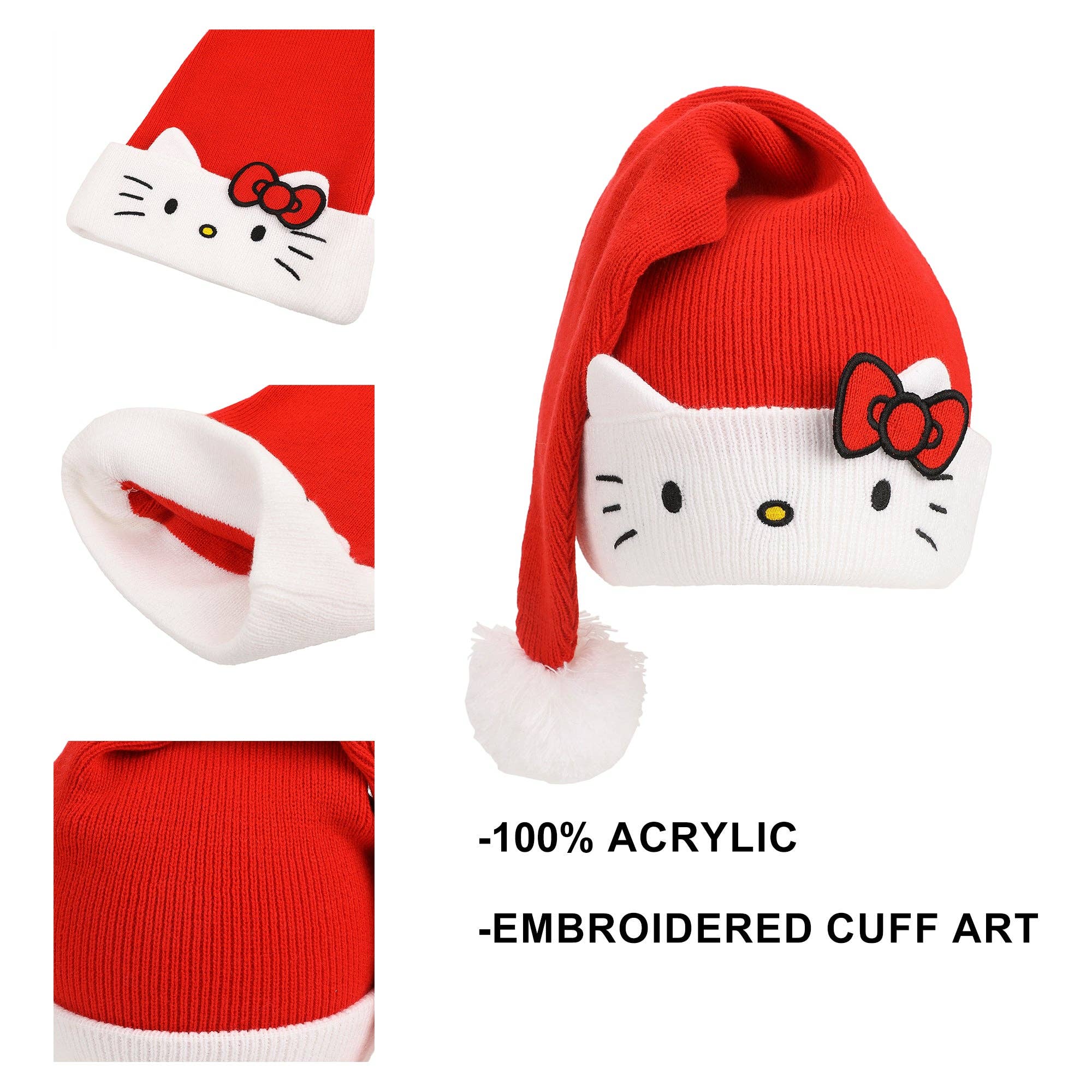 Bioworld Merchandising - Wholesale Beanie - Women's - Hello Kitty Big Face Embroidery Cuff Acrylic Santa Hat1