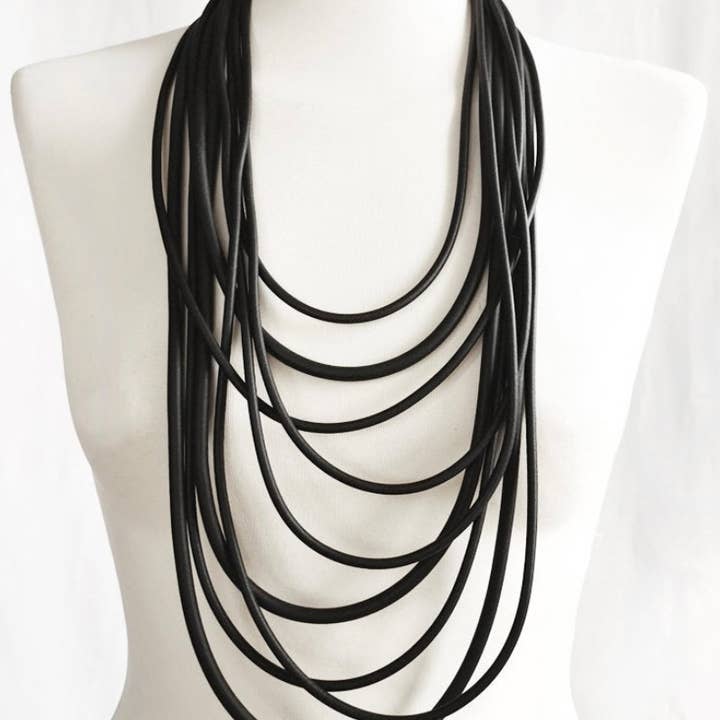 Alter Ego Designs - Wholesale Bib Necklace - WAVE: Edgy Industrial Multi Strand Black Rubber Necklace