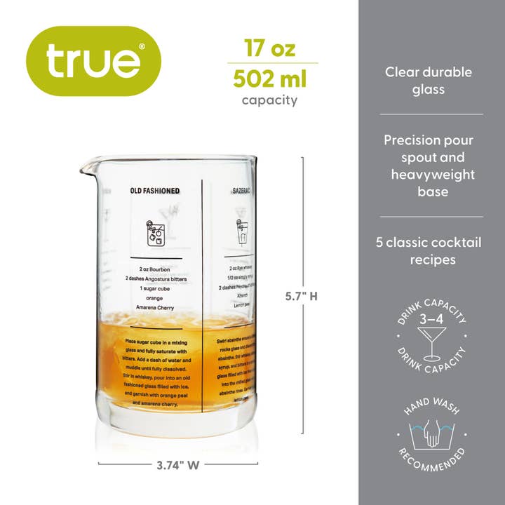 TRUE - Wholesale Cocktail Shaker - 5 Cocktail Recipe Glass Mixing Glass with Heavy Base 17 oz5