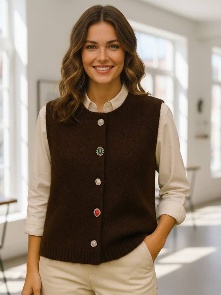 Gilet Cardigan à Boutons Gem Amira - Marron Foncé pour la vente par Catwalk Wholesale