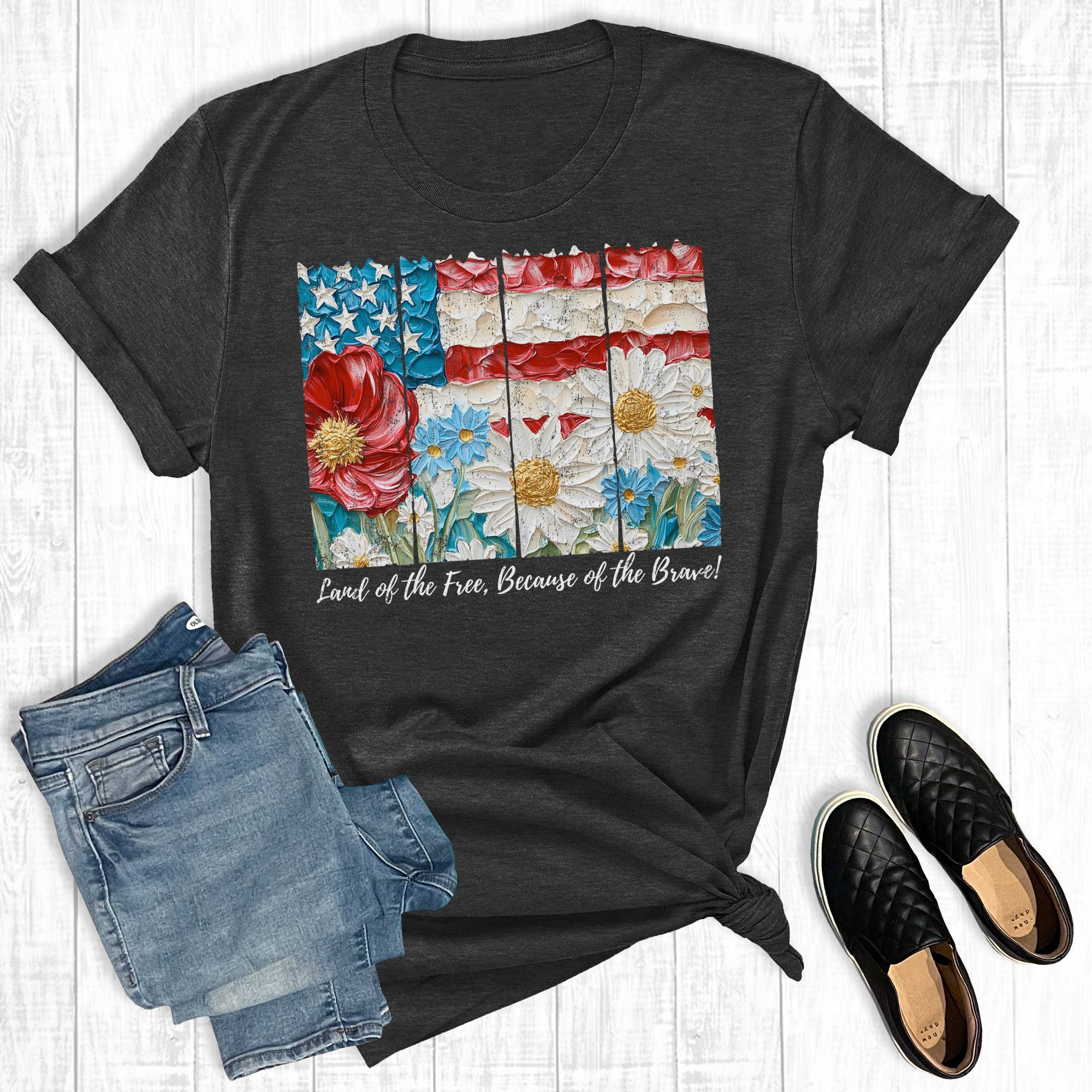Charcoal 4th Of July Patriotic Flag Because Of The Brave Graphic Tee for wholesale on Faire
