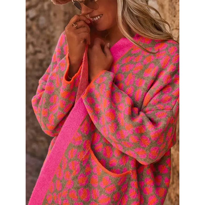 Rose Red Colorblock Leopard Print Long Knit Pocket Cardigan MMY319 for wholesale on Faire2