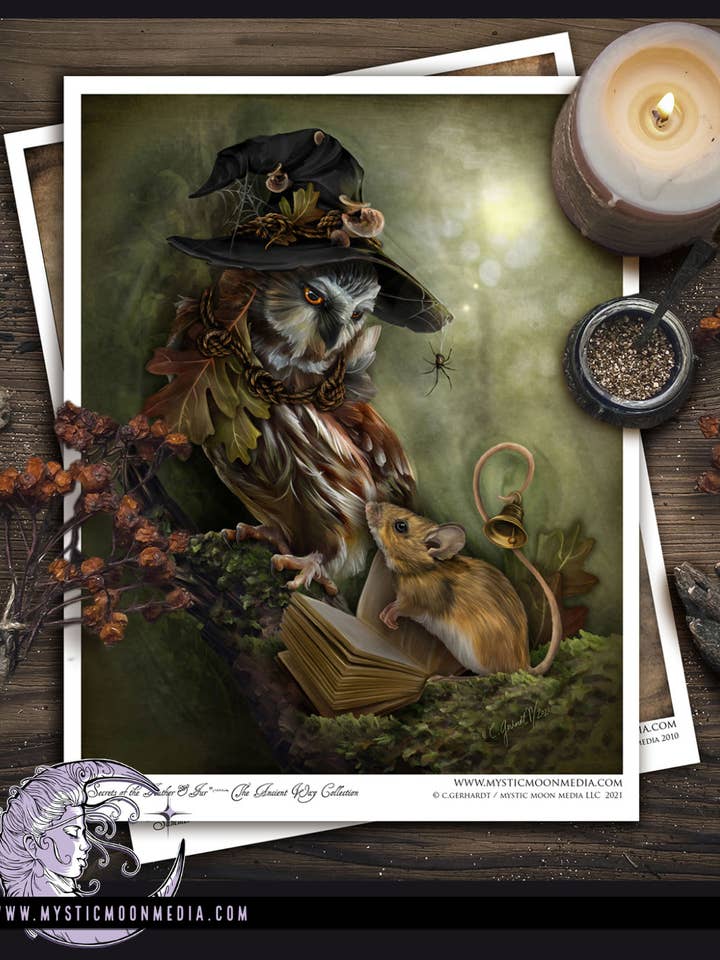 Witchy Fantasy Kunstdruck „Secrets Of The Feather And Fur“ für den Großhandel von Mystic Moon Media LLC
