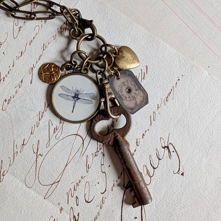 Dragonfly Charm Necklace - Brass Vintage Locket for wholesale by Christine Stoll | Altered Relics