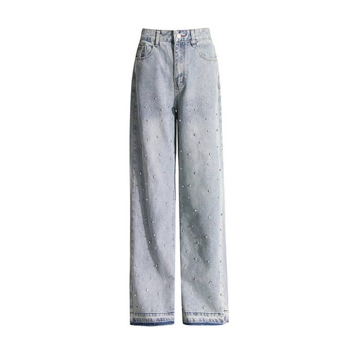 Blue HIGH WAISTED STUDDED PEARL STRAIGHT LEG JEANS_CWJP0197 for wholesale on Faire