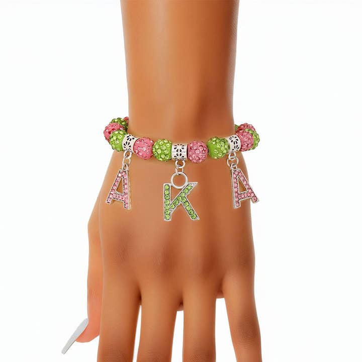 AKA Sorority Pink Green Bling Letter Bracelet for wholesale by PinktownUSA