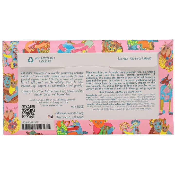 ARTHOUSE Unlimited - Wholesale Chocolate Bar - Hugging Animals, Dark Chocolate with Mint & Crystal Crunch