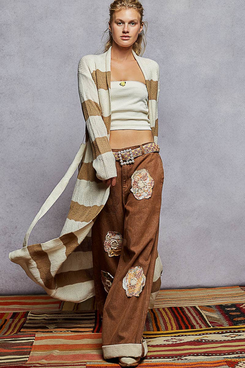 CRÈME/MOKA Veste cardigan maxi à manches longues avec détail de rayures contrastées en vente sur Faire4