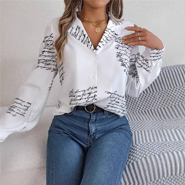 UZ Wholesale Store - Wholesale Button Down Shirt - Women's - Stylish Letter Print Shirt With Suit Collar And Long Sleeves4