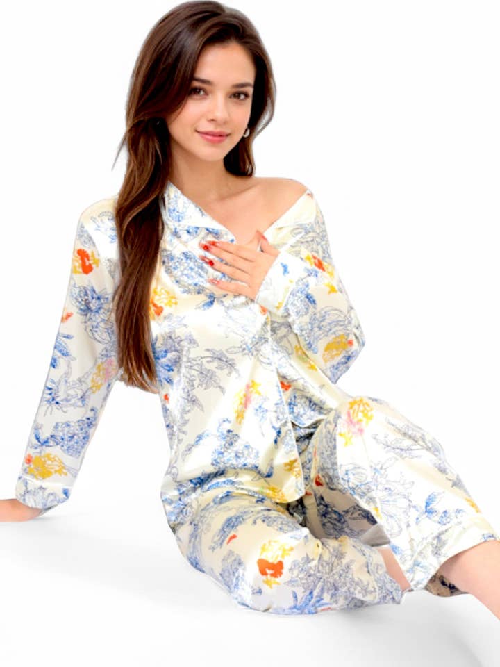Botanical Satin Pajama Set with Button-Up Top for wholesale by Anna Kaci Wholesale