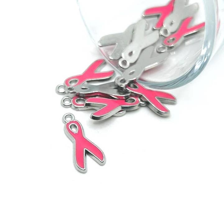 Pink Awareness Breast Cancer Ribbon Charms, 19x8mm for wholesale by Guerrilla Charm