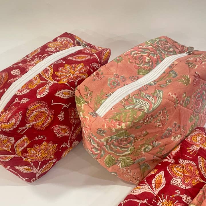 Floral Quilted Bag | Hand Block Printed | Cosmetic Pouch for wholesale by Fabrica Kraft