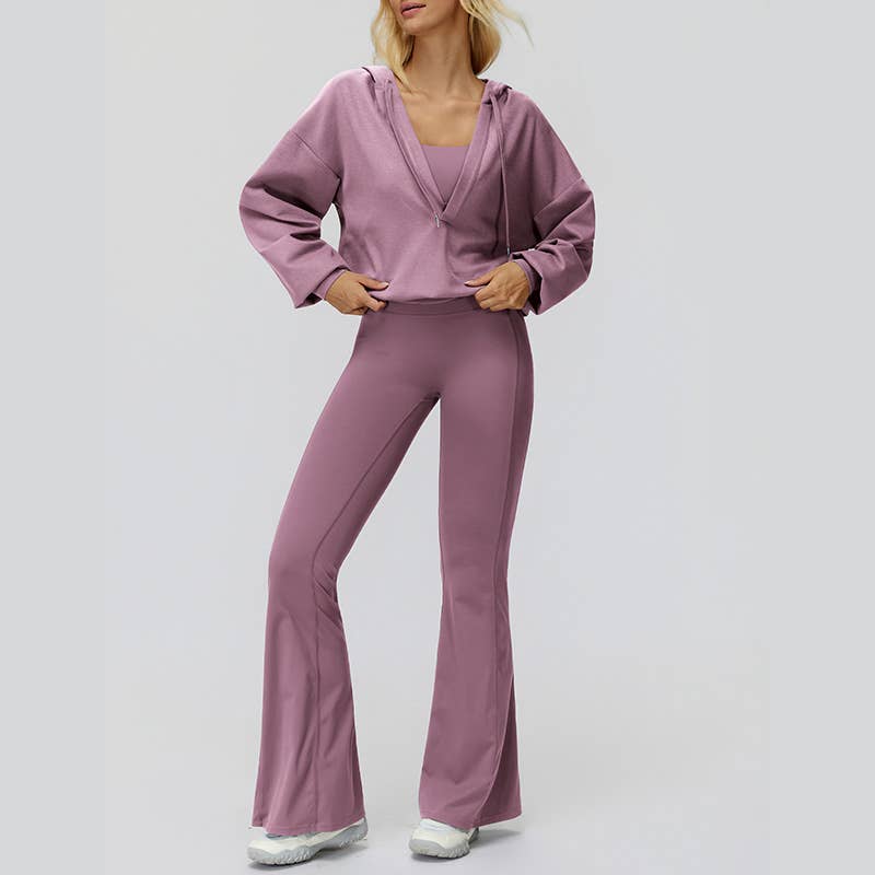 WONDERXFANS – wholesale Activewear set – Women′s – V-neck jacket+Sports tank top+High-waisted pleated back pant0