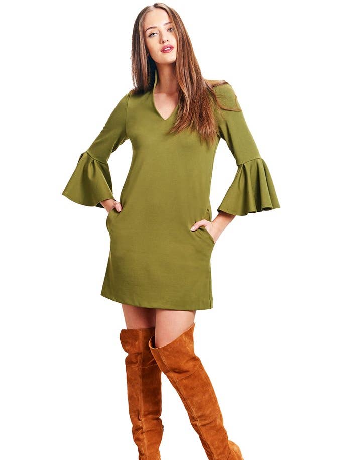 Gina Dress: Bell sleeve shift dress w/ side pockets - olive for wholesale by Simona Maghen