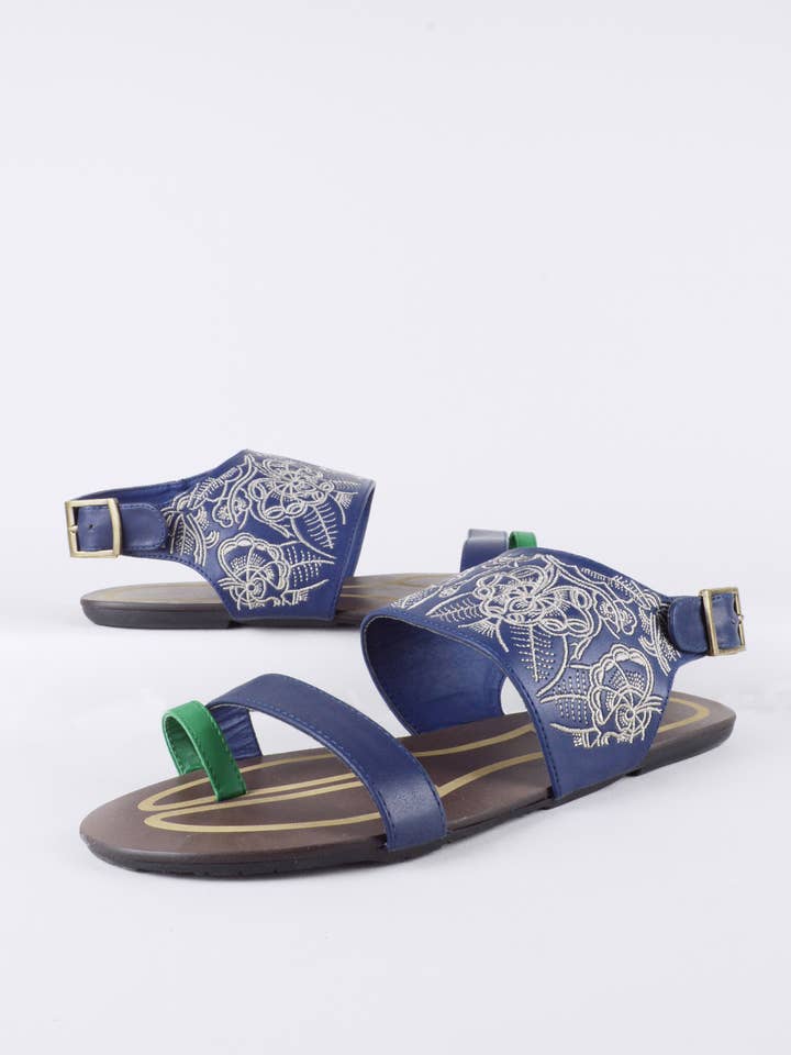 LMS Blue Leather Sandals With Stitching And Green Toe Strap for wholesale by LoveMyStyle