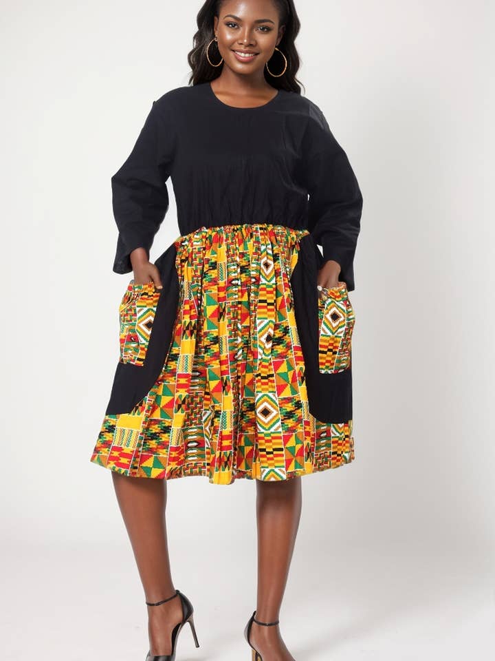 KaraChic – Großhandel Kleid – Damen – 7845 - Damen Zweifarbiges Kleid mit einfarbigem und afrikanischem Druck2