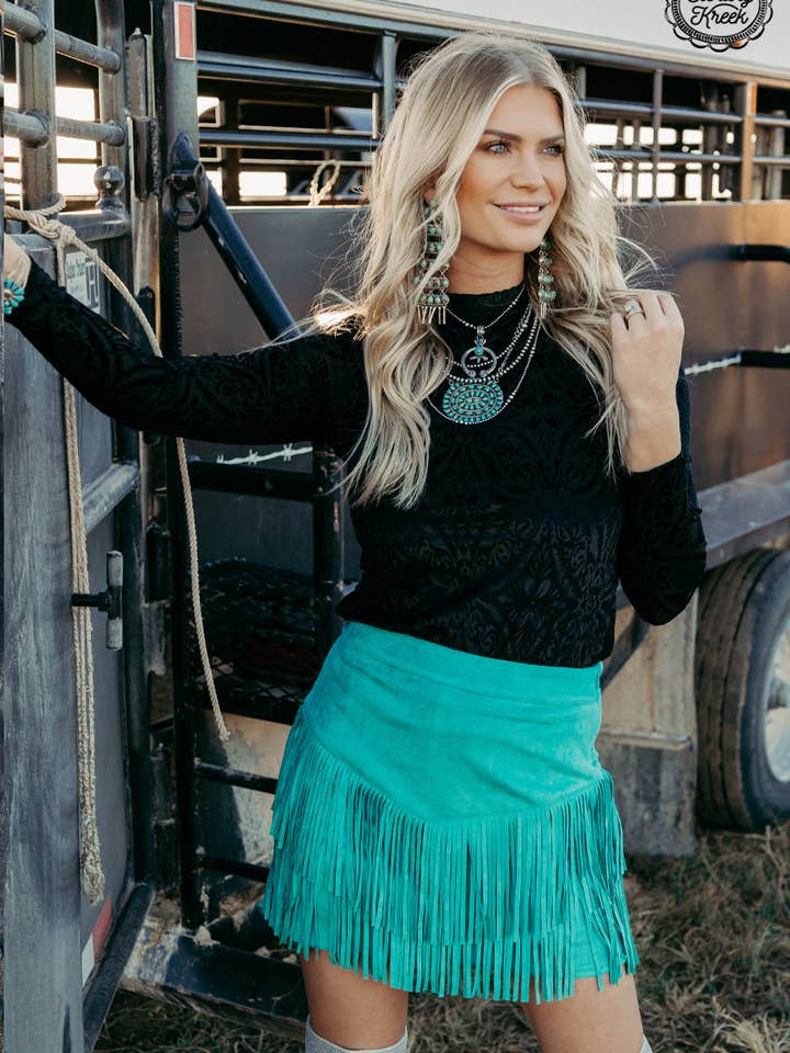 Sterling Kreek - Wholesale Skirt - Women's - FORT WORTH FRINGE SKIRT TURQUOISE