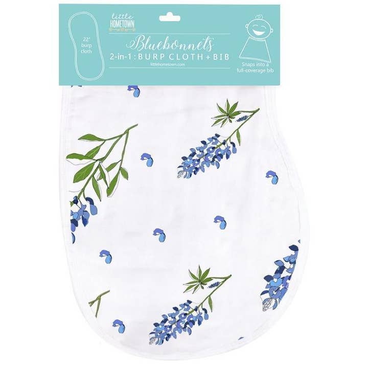 Bluebonnets Baby Burp Cloth and Bib 2 in 1 Soft Bamboo Organic Cotton Combo for wholesale by Little Hometown