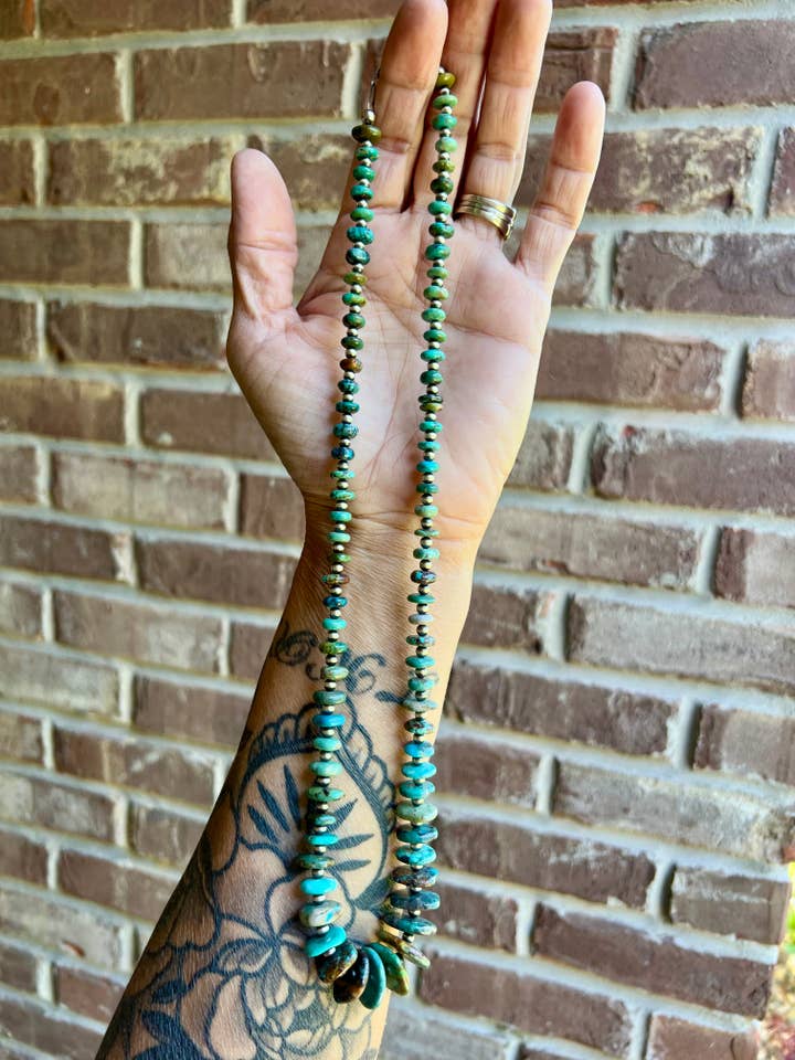 24” Graduated Turquoise Disk Beads with 4mm Sterling Pearl Necklace for wholesale by Indian Creek Mercantile