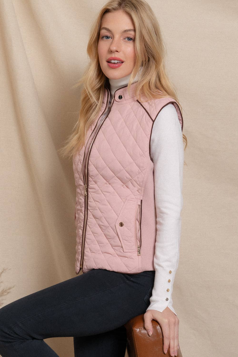Active Basic | Active USA - Wholesale Outerwear Vest - Women's - Suede Piping Detail Rib Quilted Padding Vest18
