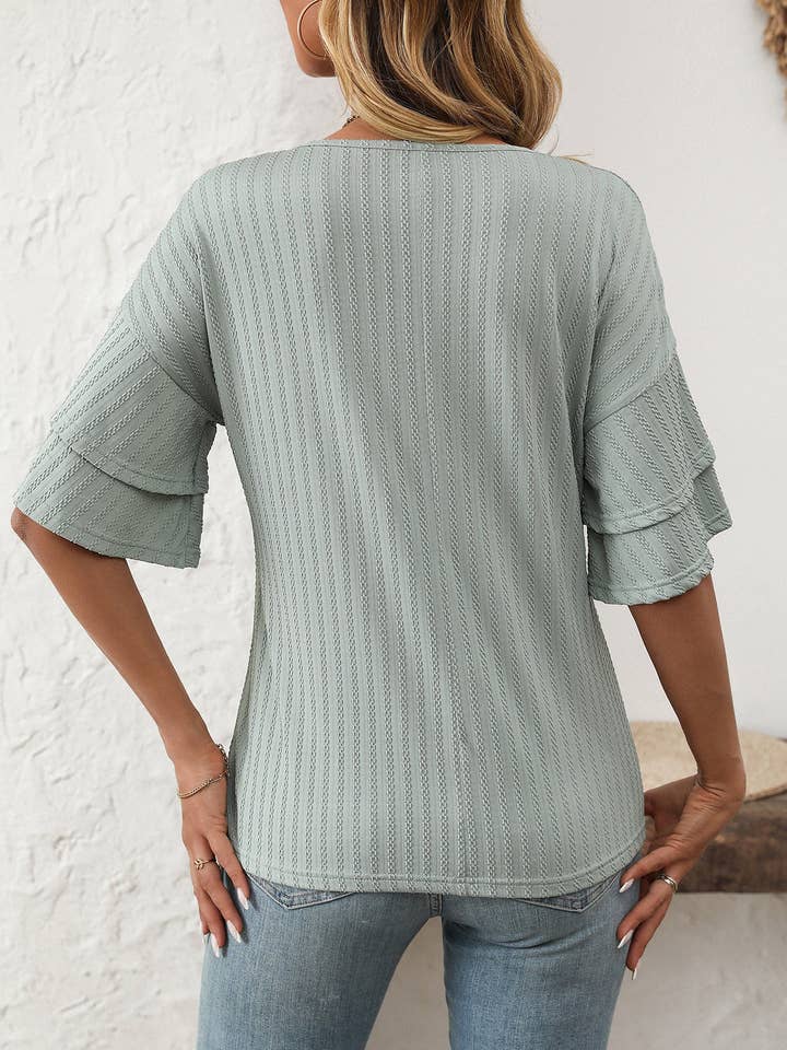 Lovesoft - Wholesale Blouse - Women's - 2026 Spring Solid Color V-Neck Ruffle Sleeve ShortSleeve Top1