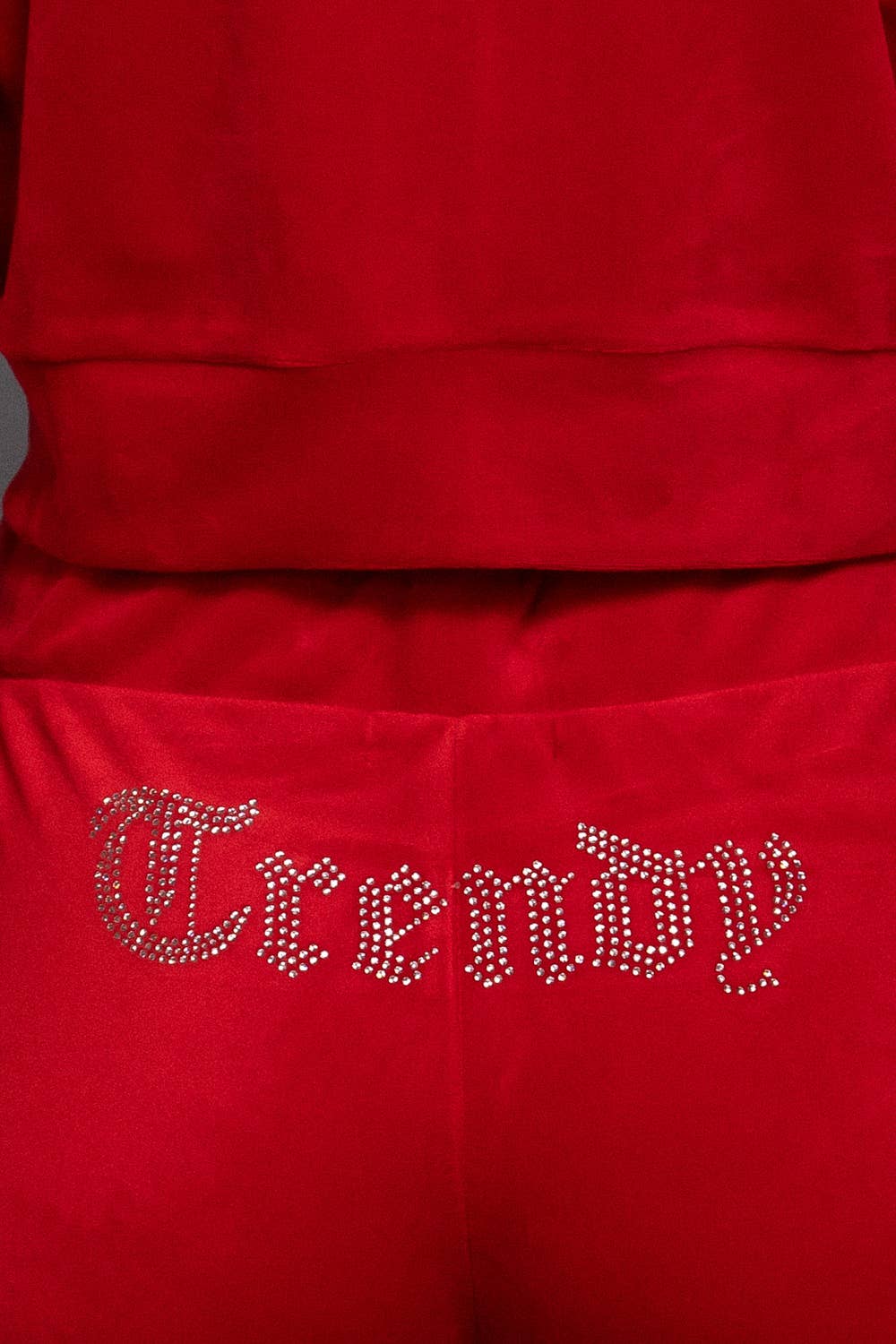 Active Basic | Active USA – Engroshandel Loungesæt - Dame – Mock Neck Zip Up Jakke & Rhinestone Flare Bukser Velour Sæt23