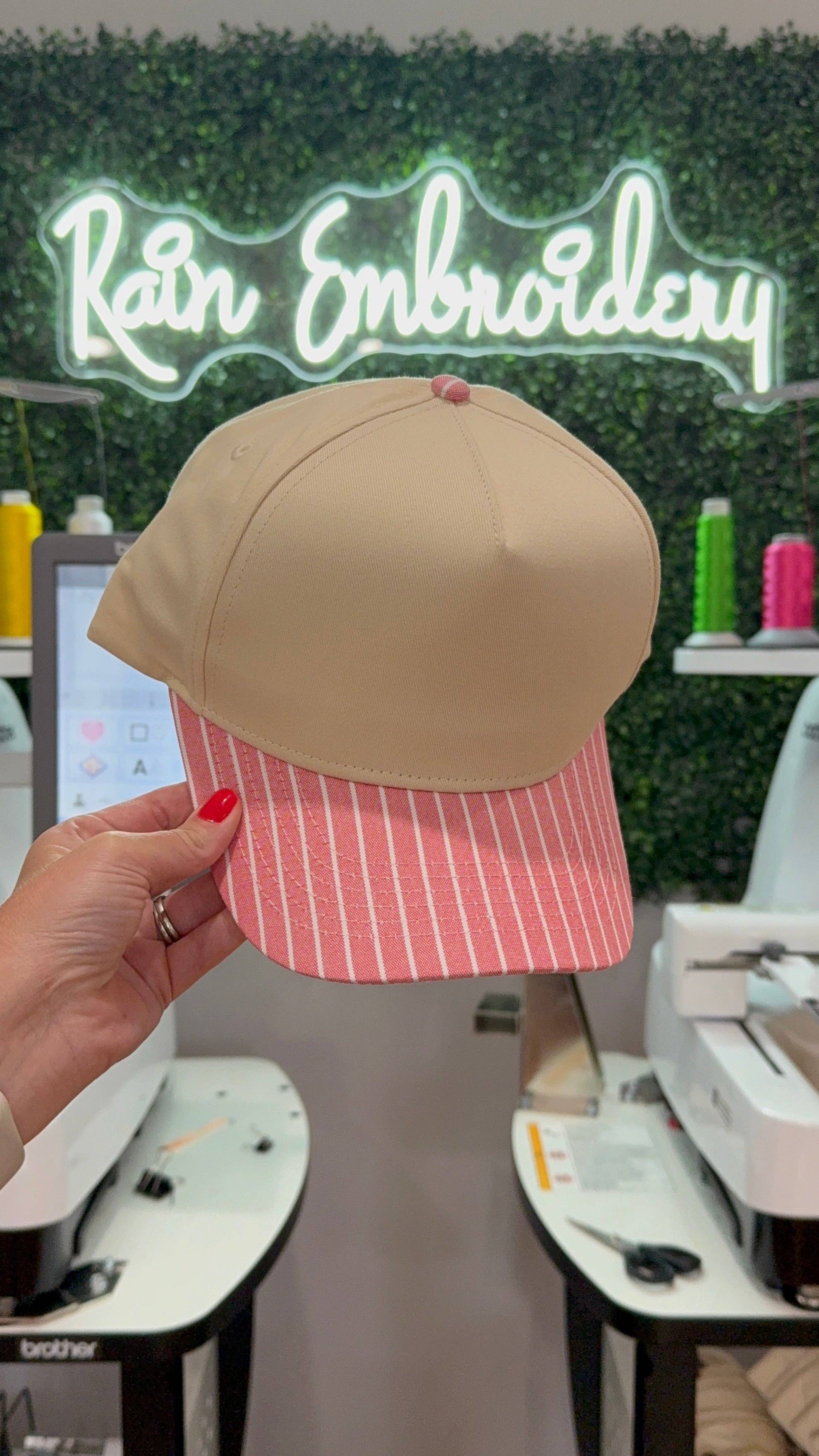 Rain Embroidery - Wholesale Trucker Hat - Women's - Pink Striped Bill (blank) Trucker Hat1