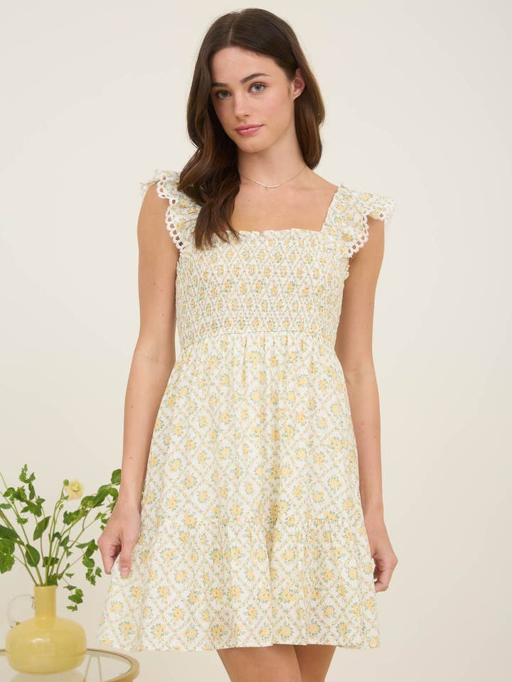 Blu Pepper - Wholesale Dress - Women's - FLORAL TRELLIS PATTERN SMOCKED MINI DRESS