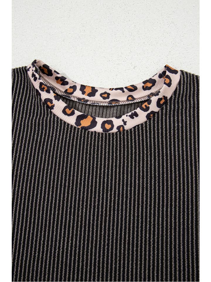 Gray Leopard Patchwork Edge Corded T Shirt and Pants Set for wholesale on Faire4