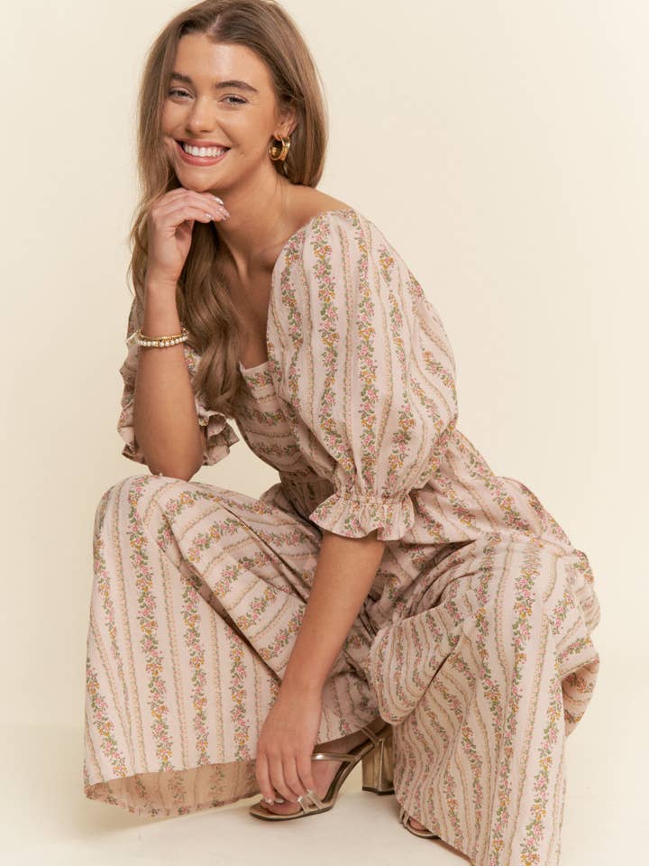 Vintage Floral Pink Stripe Flower Block Print Jumpsuit S-L for wholesale on Faire